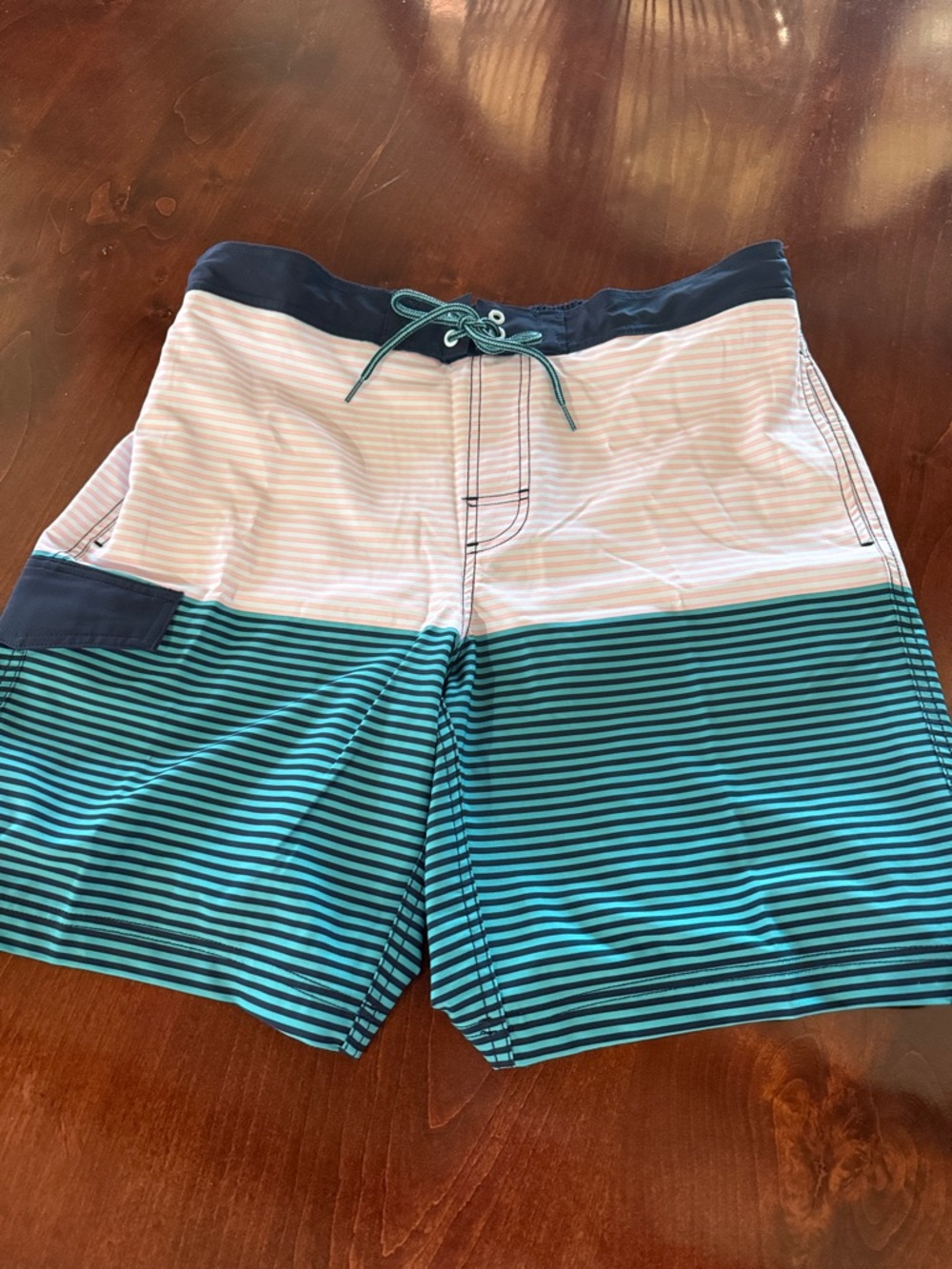 George Men’s Teal, Navy & White Stripe Swim Board Shorts,L,EUC